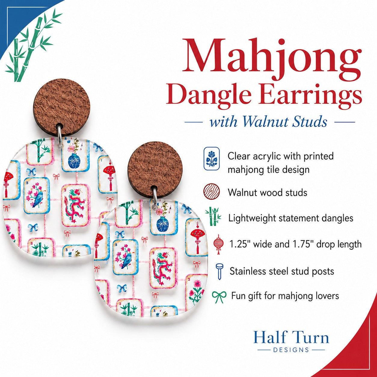 Product detail image for Half Turn Designs Mahjong earrings indicating that they are made of clear acrylic, are lightweight and that they're a fun gift for Mahjong lovers