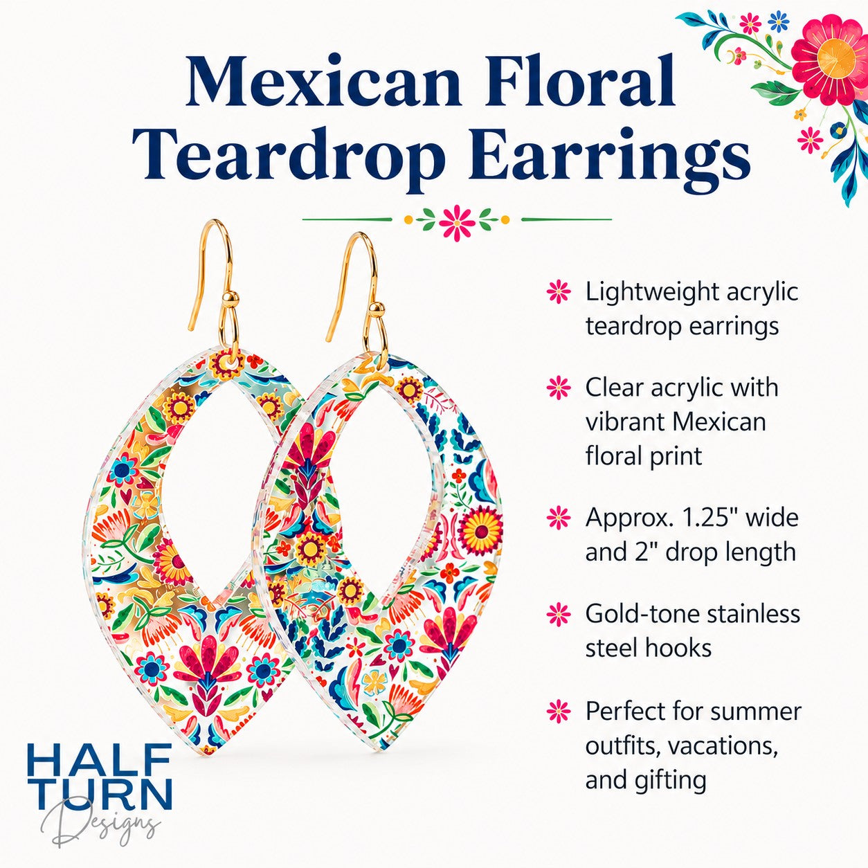 Product details page for Mexican floral teardrop earrings by Half Turn Designs