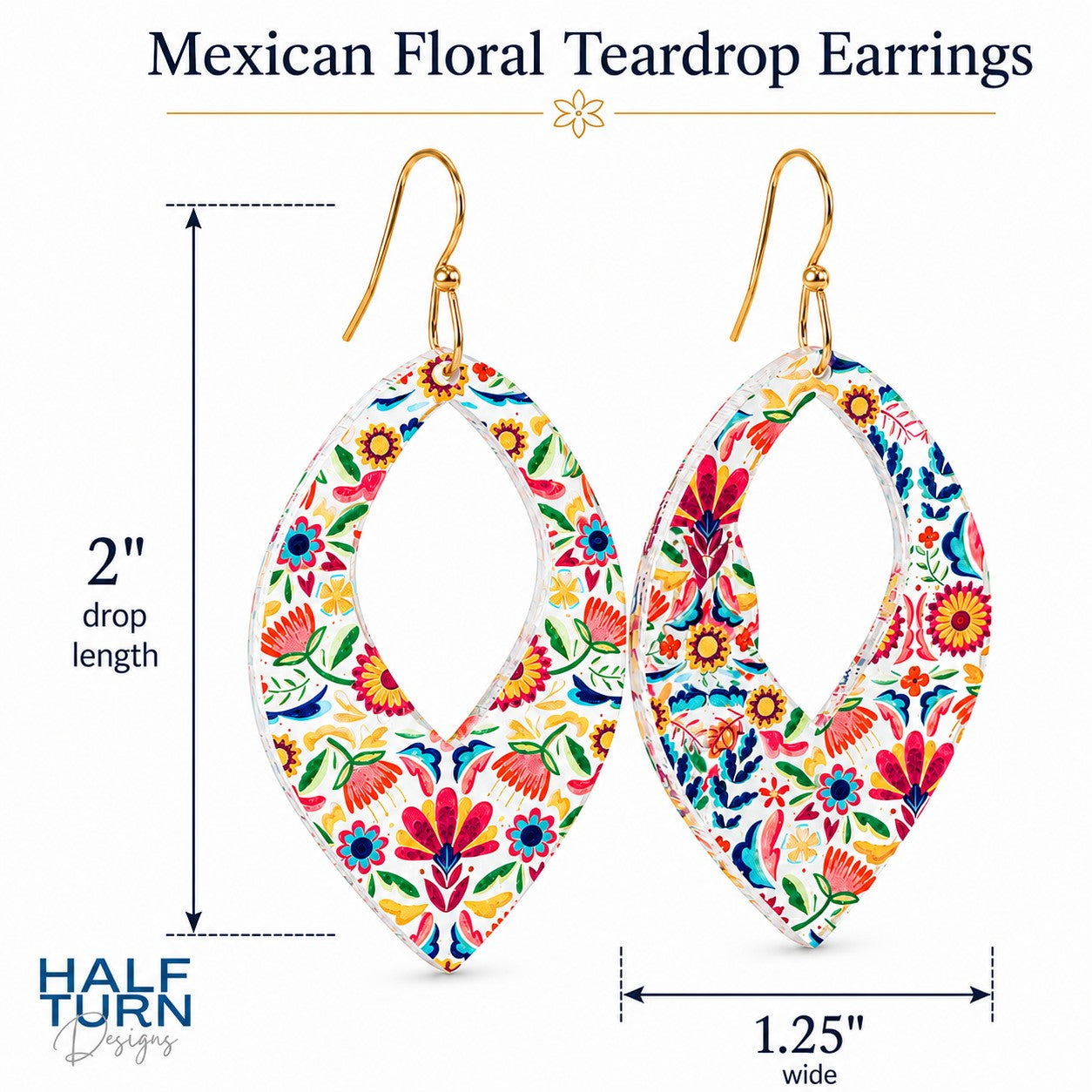 Mexican Floral Teardrop Earrings Page that indicates the earrings size, which has a 2" drop length and are 1.25" wide