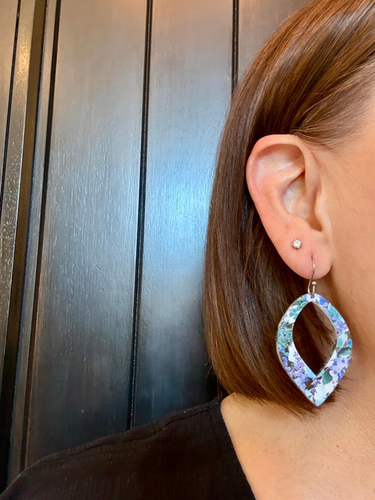 Model wearing Blue watercolor floral acrylic teardrop earrings with Hypoallergenic stainless steel hook floral earrings