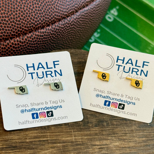 Officially licensed University of Oklahoma hypoallergenic stainless steel earring studs in gold or silver tones.