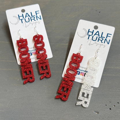 University of Oklahoma Boomer Sooner mini earrings in crimson and white glitter, 3 inch drop length