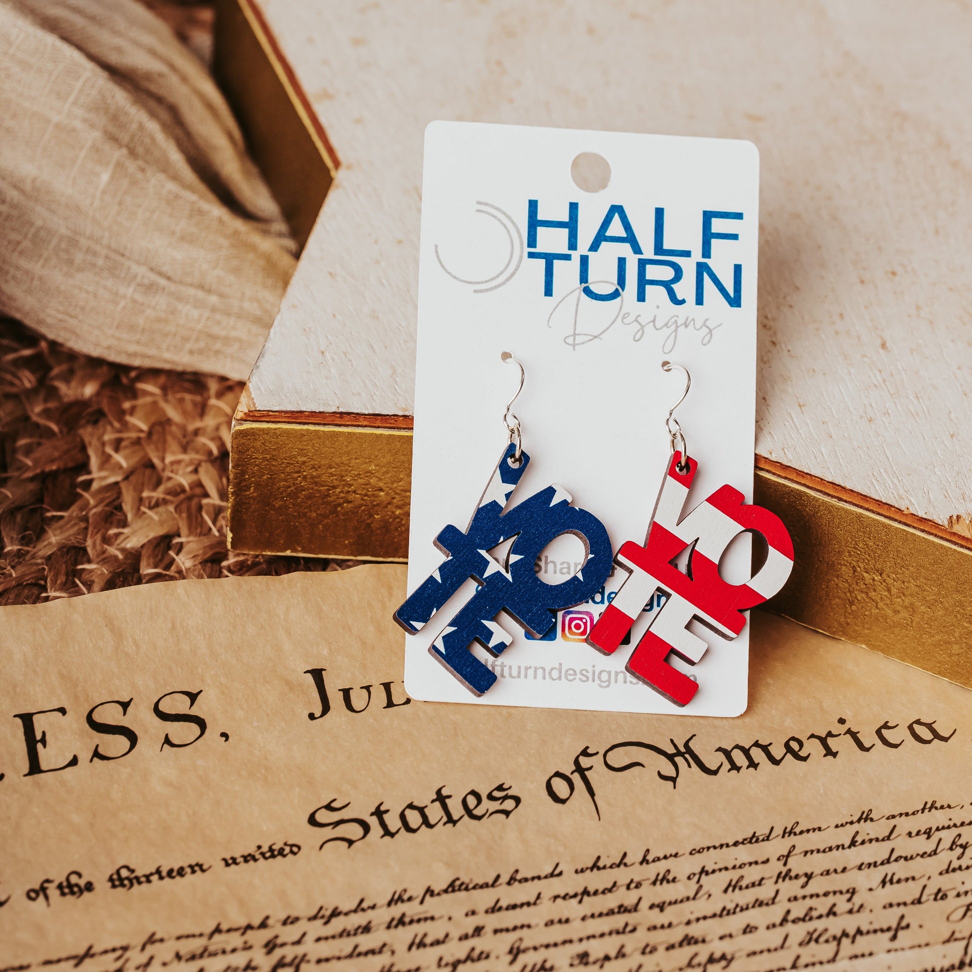 Red, white, and blue patriotic Vote earrings in American flag design, handmade lightweight wooden jewelry for Election Day and voting