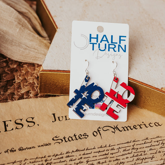 Red, white, and blue patriotic Vote earrings in American flag design, handmade lightweight wooden jewelry for Election Day and voting