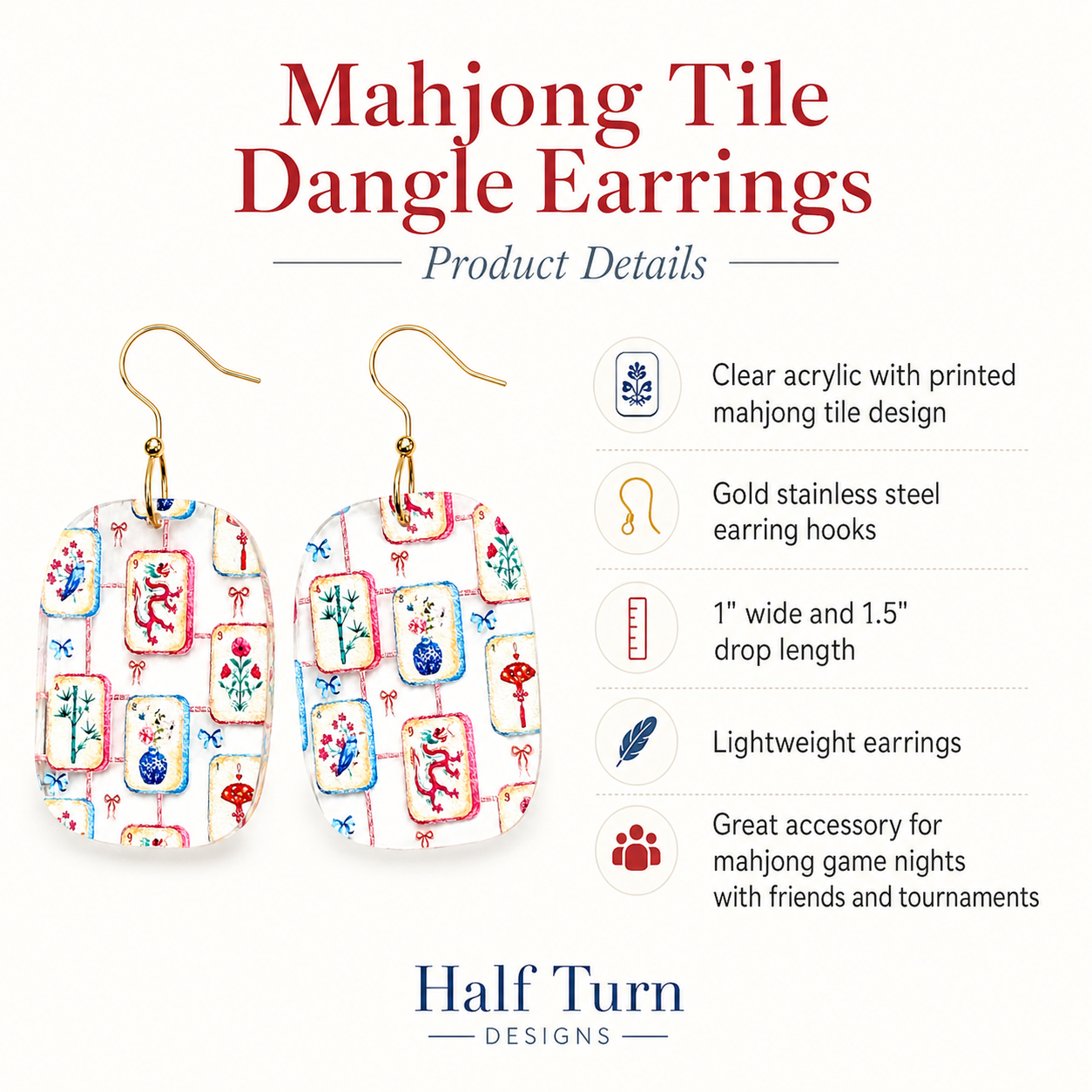 Product Details image for Colorful Mahjong Tile Dangle Earrings, 1.5" drop length and 1" wide by Half Turn Designs, lightweight, gold stainless steel hooks and a great accessory for mahjong game nights
