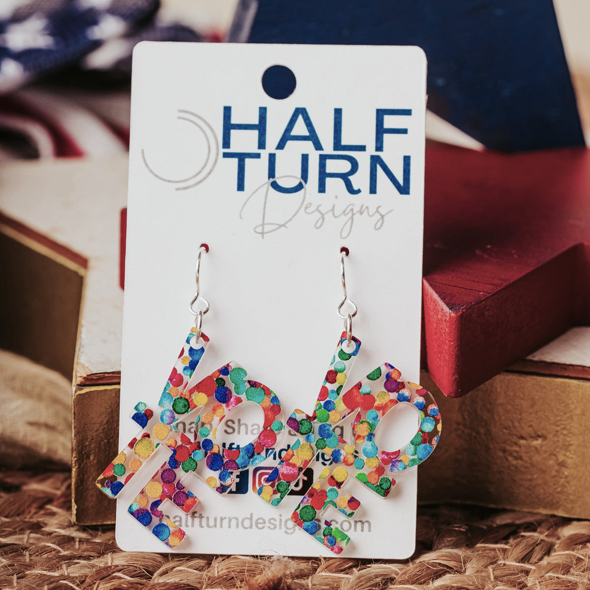 Rainbow dot acrylic VOTE earrings with colorful confetti design, lightweight statement election day jewelry, gay pride and lgbtq support rainbow earrings