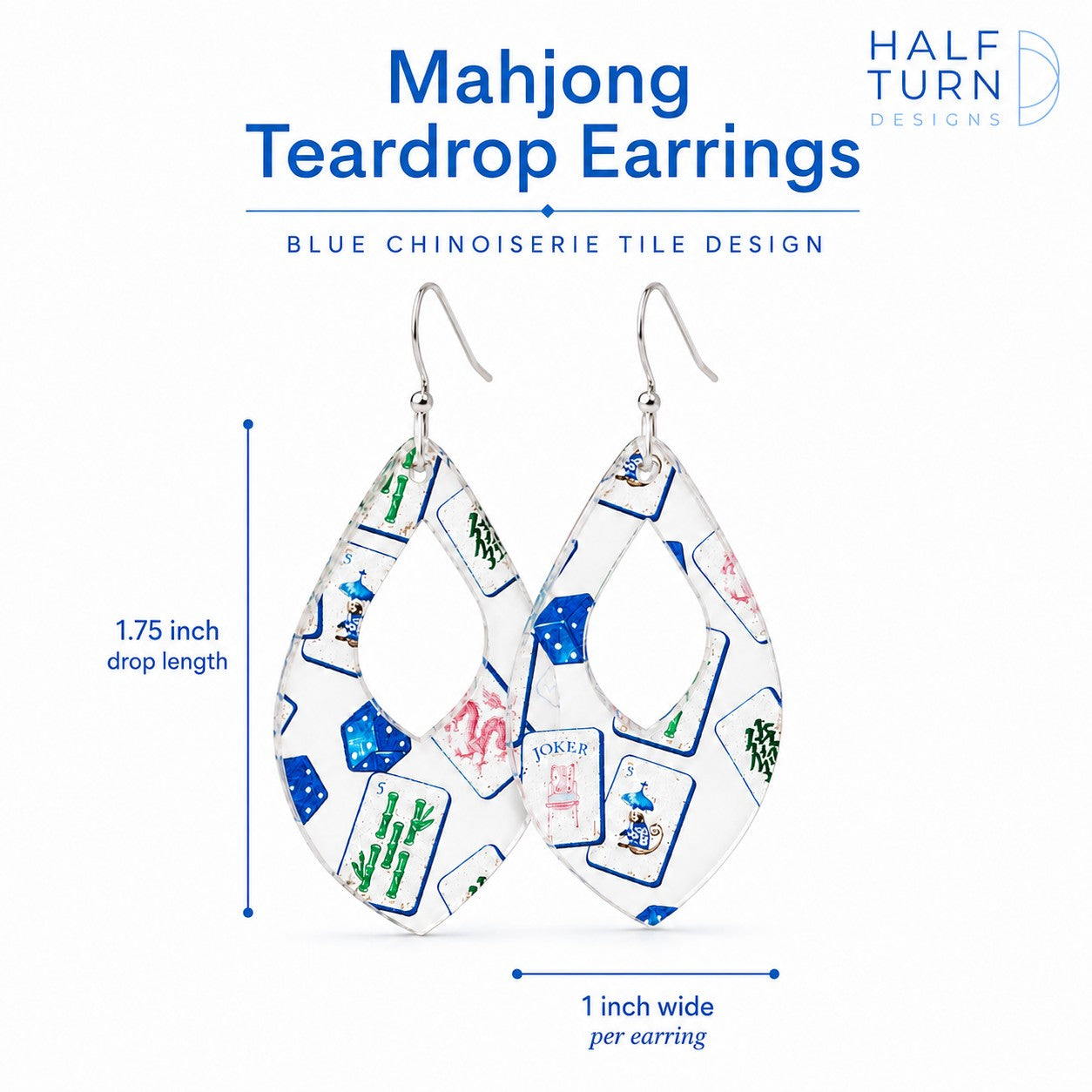 Size Detail Infographic for Mahjong teardrop earrings with blue chinoiserie tile design on a white background