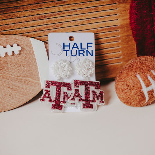 Texas A&M maroon and white glitter game day dangle earrings