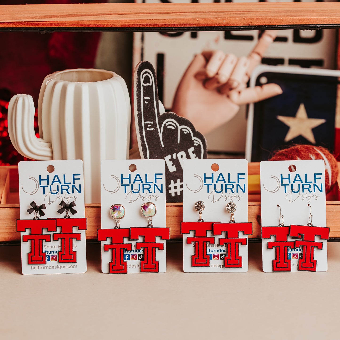 Half Turn Designs Officially licensed collection of Texas Tech Double T acrylic earrings in red and black with 7 different options for earring hooks and toppers