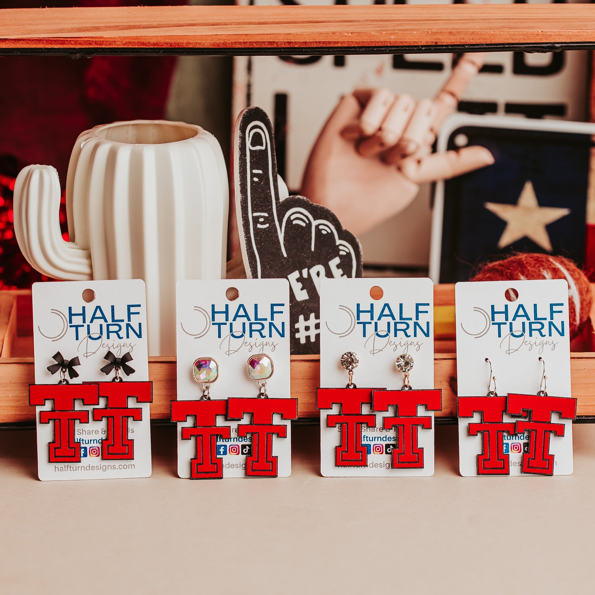 Half Turn Designs Officially licensed collection of Texas Tech Double T acrylic earrings in red and black with 7 different options for earring hooks and toppers