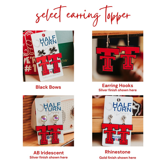 Half Turn Designs Officially Licensed Texas Tech University Red and Black acrylic Logo Dangles Earring Hook and Topper Options