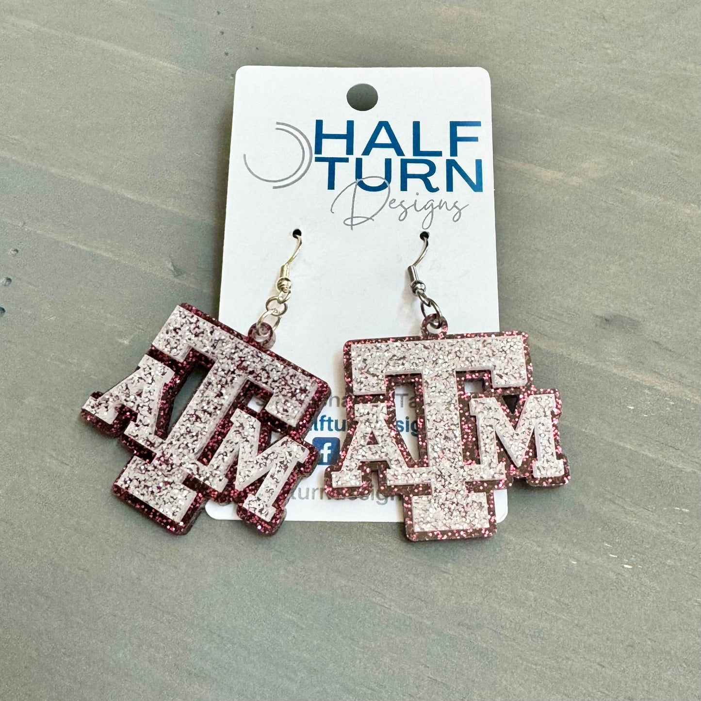Texas A&M maroon and white glitter game day dangle earrings