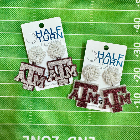 Texas A&M maroon and white glitter game day dangle earrings