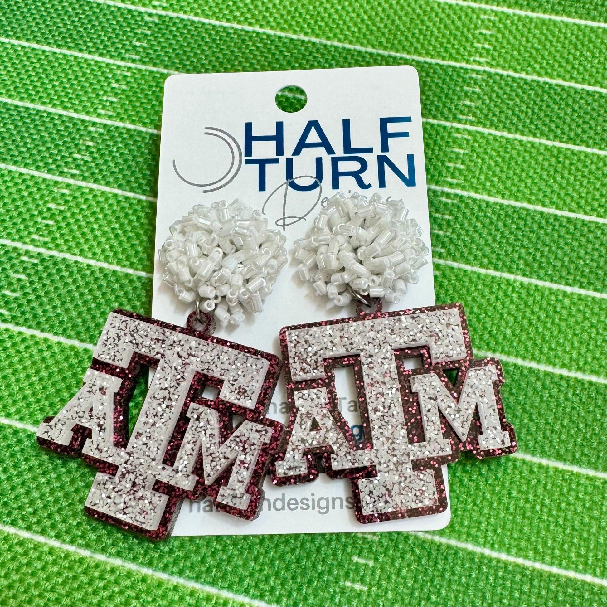 Texas A&M maroon and white glitter game day dangle earrings