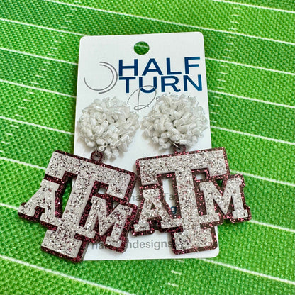 Texas A&M maroon and white glitter game day dangle earrings