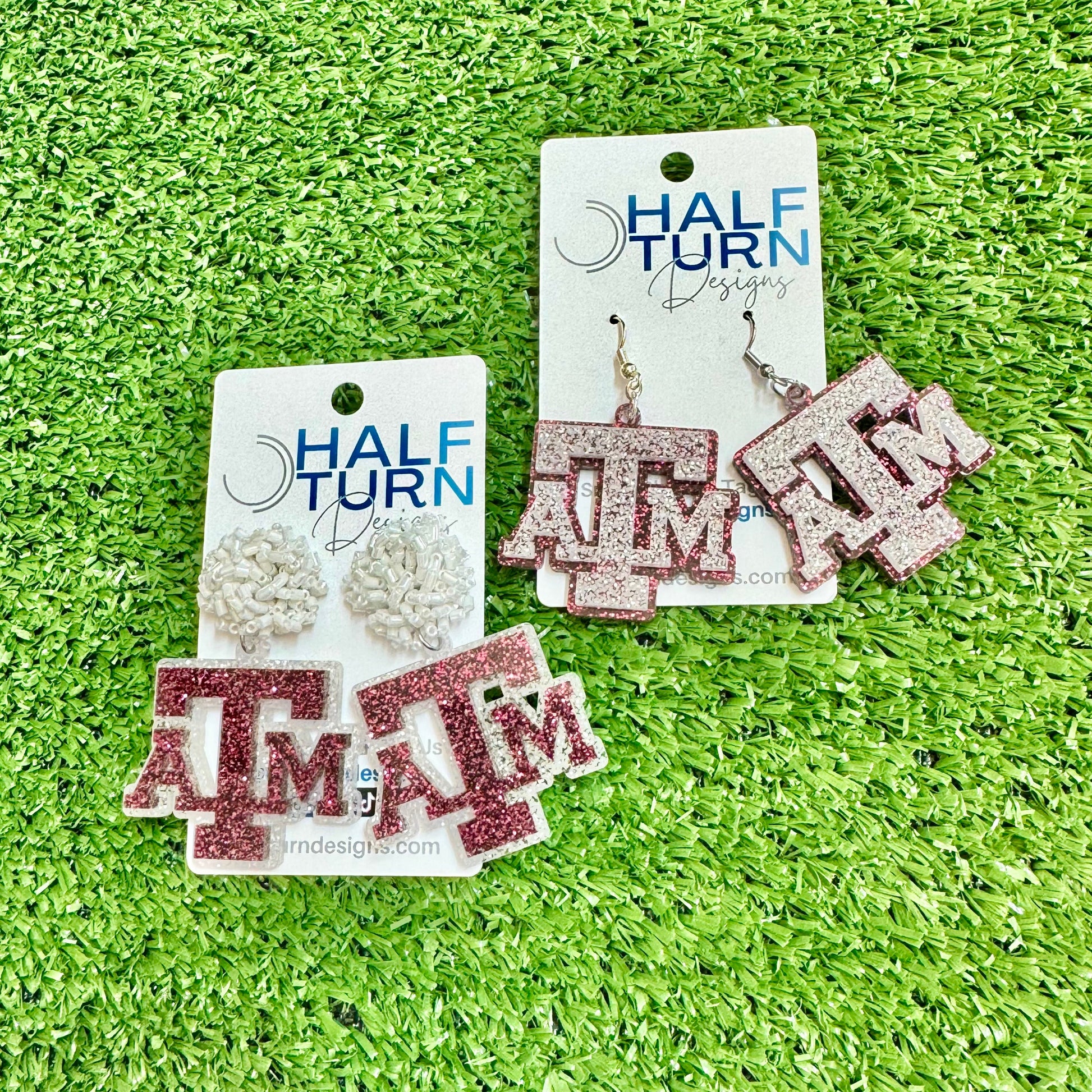 Texas A&M maroon and white glitter game day dangle earrings