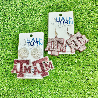 Texas A&M maroon and white glitter game day dangle earrings