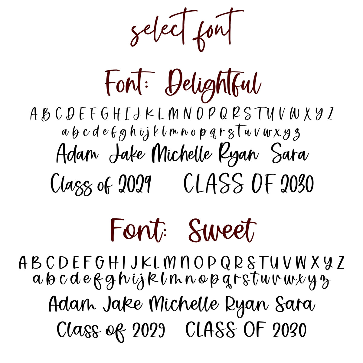 Cursive font options for Texas State University ornaments by Half Turn Designs