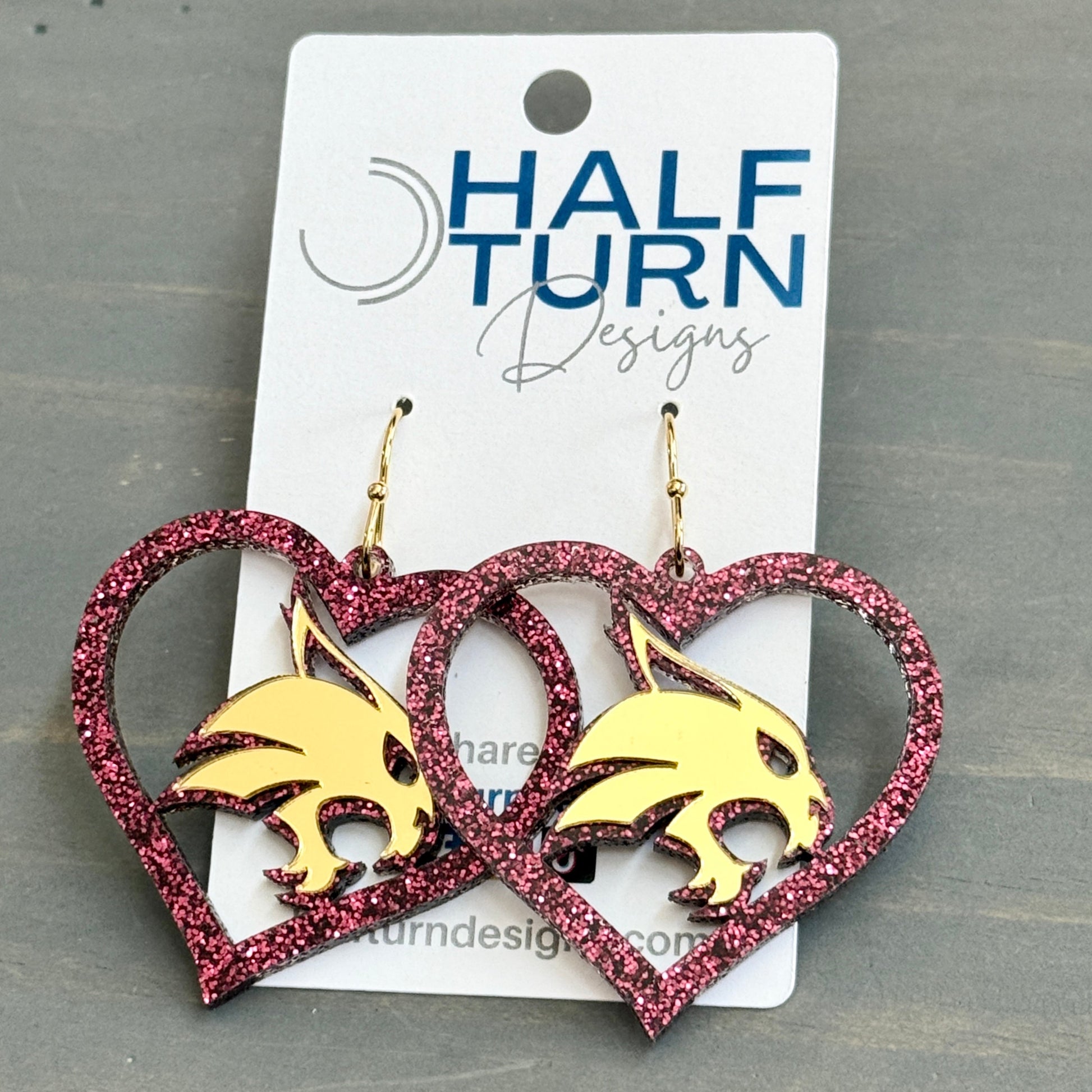 Officially Licensed  Texas State University Bobcats Maroon and Gold Heart-Shaped Acrylic Dangle Earrings