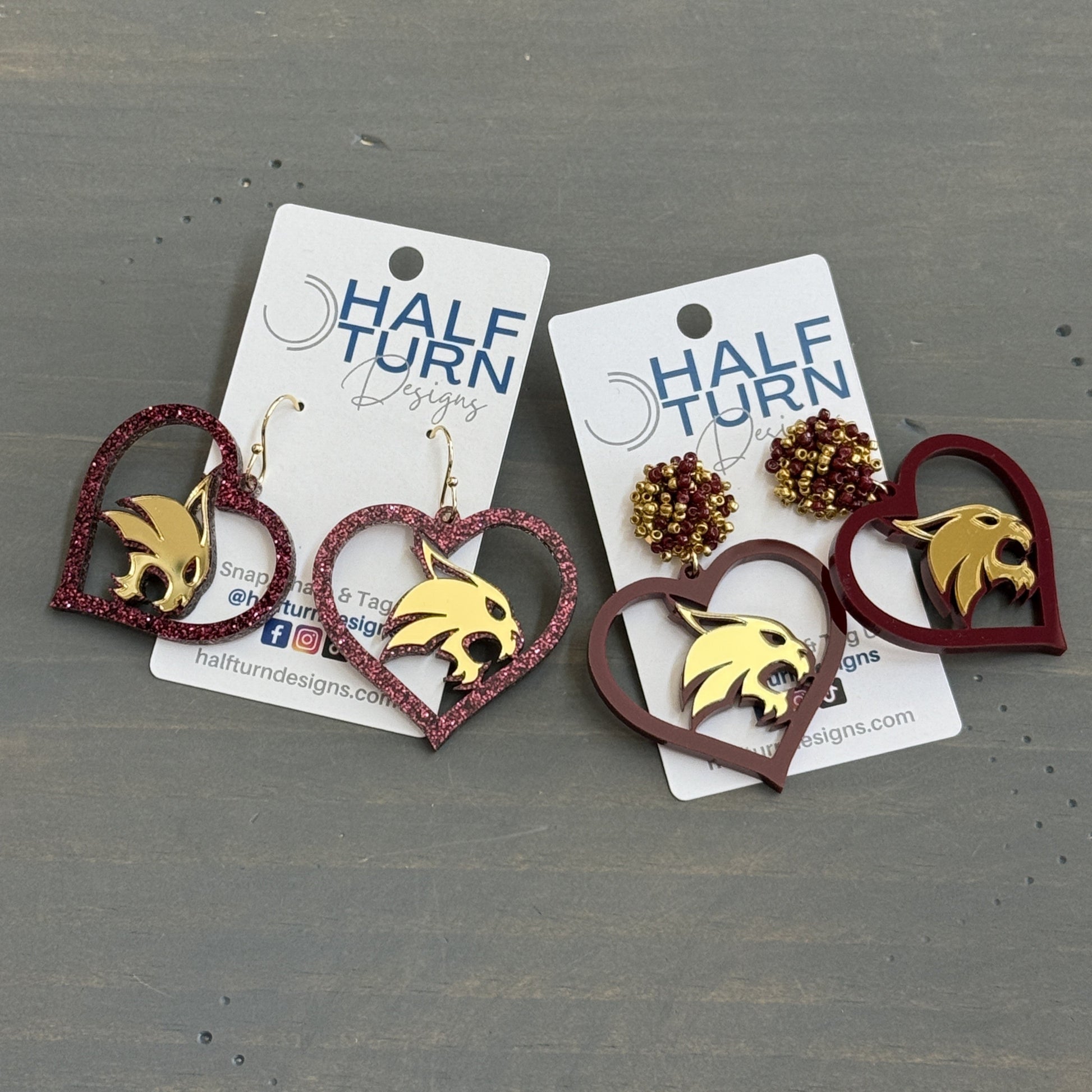 Officially Licensed  Texas State University Bobcats Maroon and Gold Heart-Shaped Acrylic Dangle Earrings