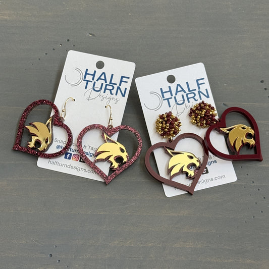 Officially Licensed  Texas State University Bobcats Maroon and Gold Heart-Shaped Acrylic Dangle Earrings