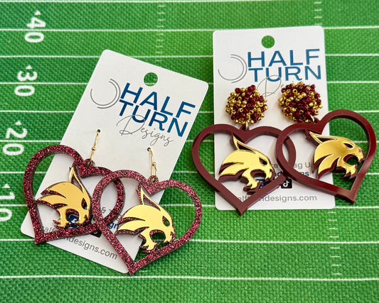Officially Licensed  Texas State University Bobcats Maroon and Gold Heart-Shaped Acrylic Dangle Earrings