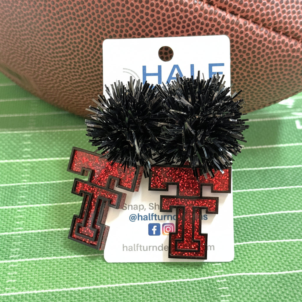Texas Tech Game Day Earrings in Red Glitter with Black Tinsel Studs