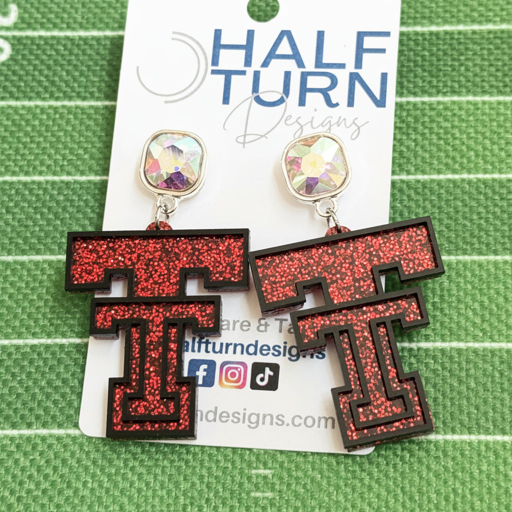 Texas Tech University Game Day Acrylic Dangle Earrings in Red Glitter with AB Iridescent Studs
