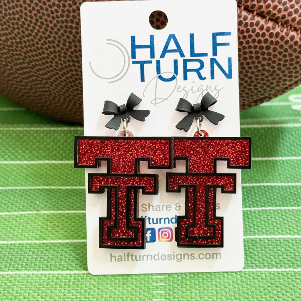 Texas Tech University Game Day Logo Earrings in Red glitter with Black Bow Studs