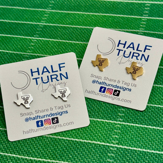Gold and silver-tone Texas Tech stud earrings shaped like Texas with an engraved Double T logo