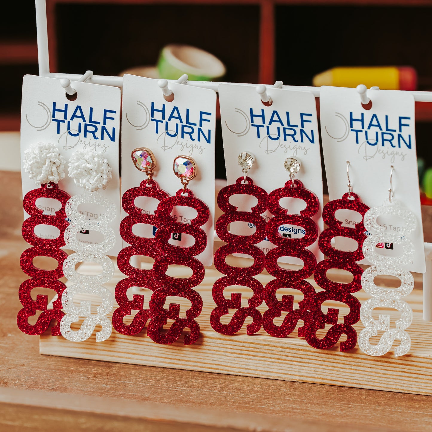 University of Houston COOGS game day earrings with earring hooks and toppers including AB iridescent jewel, red tinsel, silver hooks, rhinestone, and white tube bead options | Half Turn Designs"