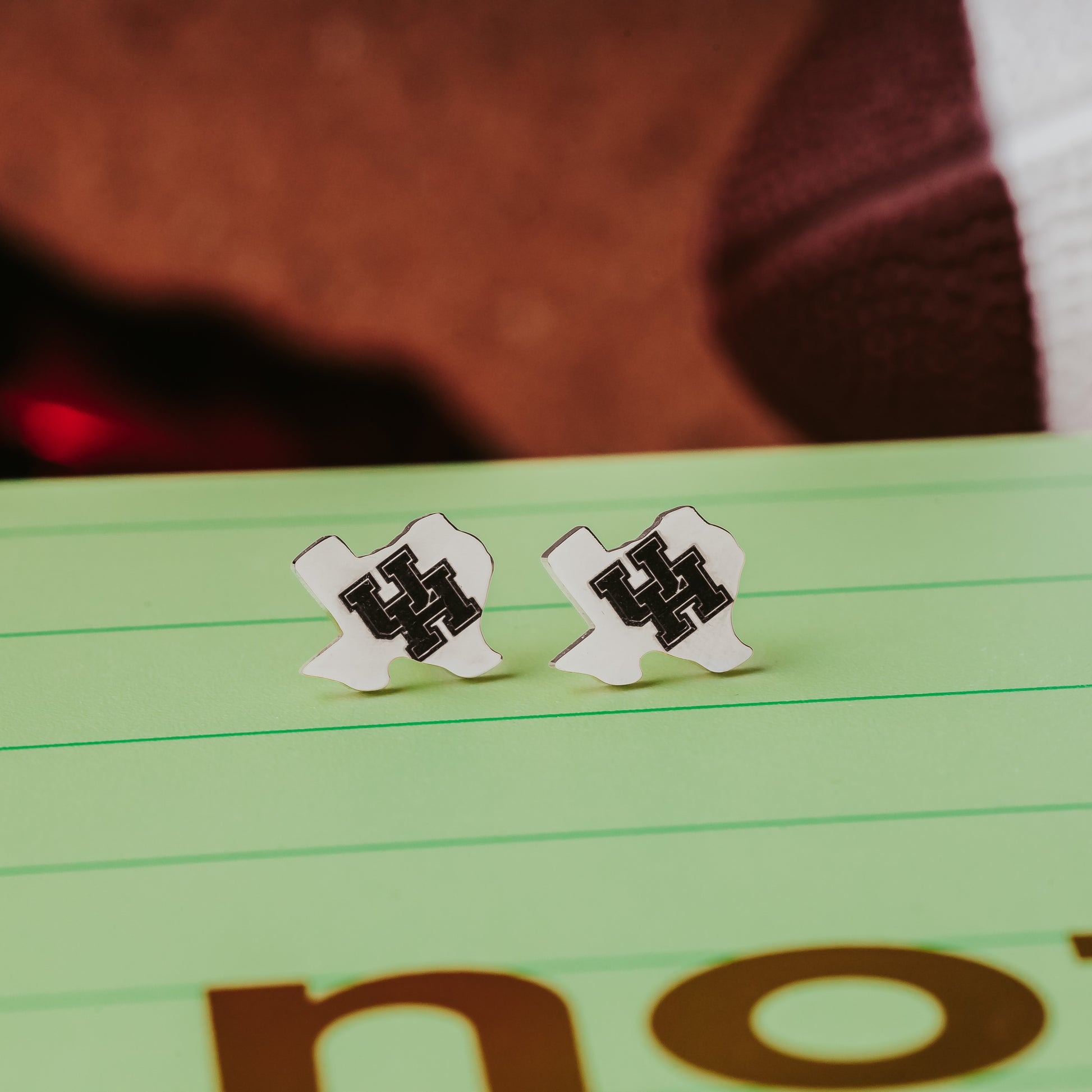 University of Houston Texas-Shaped Studs. These earrings are made from stainless steel, available in gold or silver finish and engraved with the UH Cougars logo. They are officially licensed earrings made by Half Turn Designs. Shown here in silver finish.
