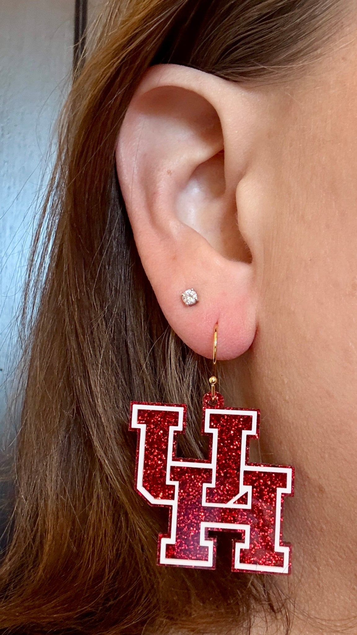 University of Houston red glitter logo dangle acrylic earring with gold earrings hooks