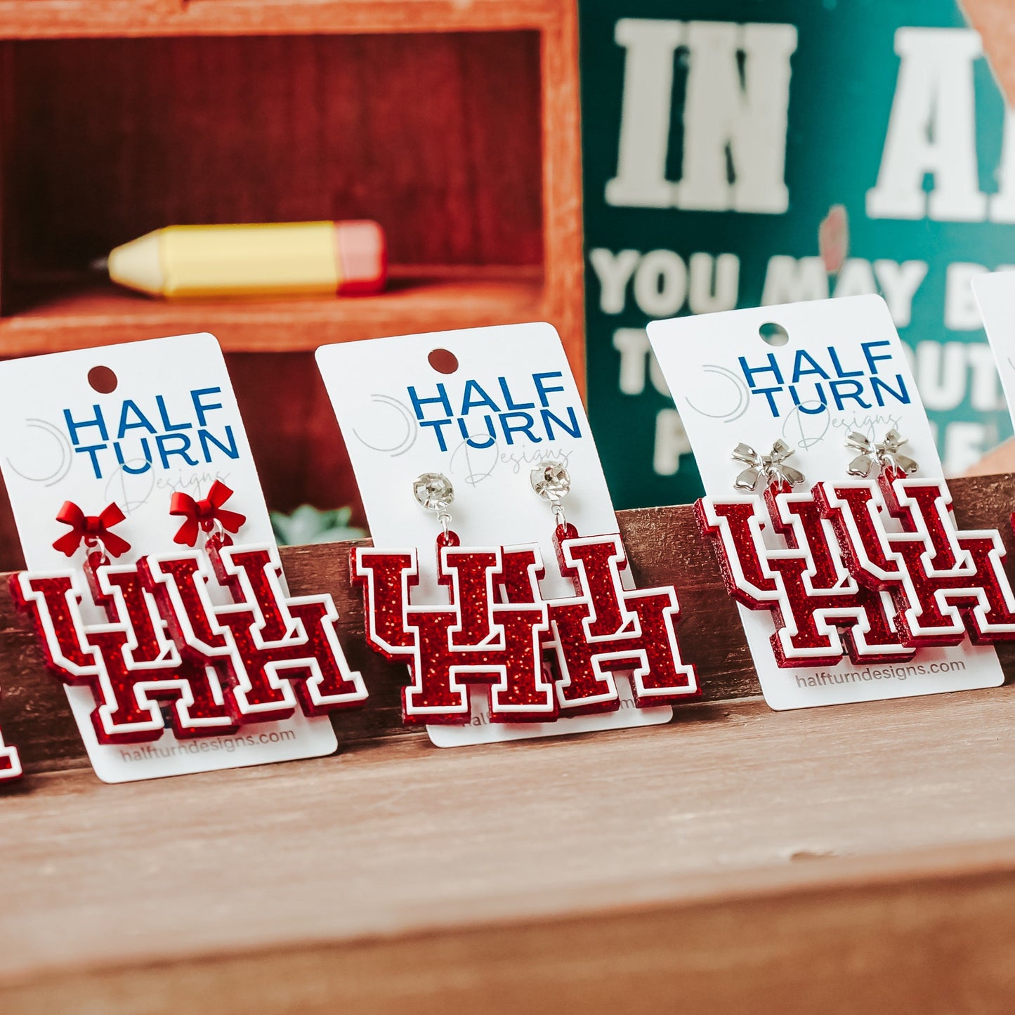 University of Houston red glitter logo dangle acrylic earring collection