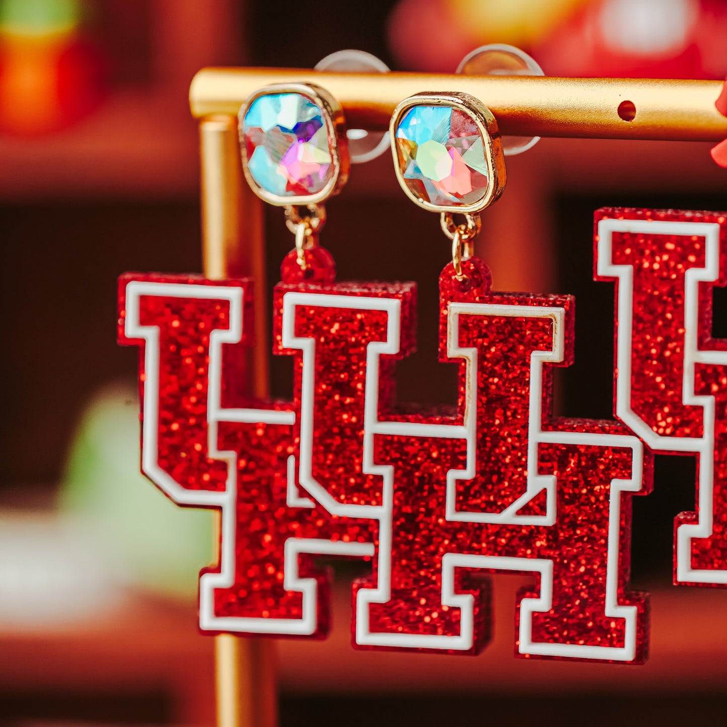 University of Houston red glitter logo dangle acrylic earrings with AB Iridescent Jewel Topper
