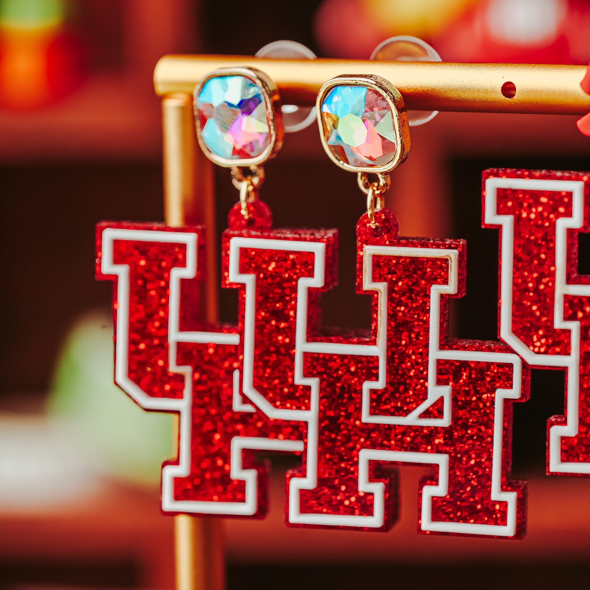 University of Houston red glitter logo dangle acrylic earrings with AB Iridescent Jewel Topper