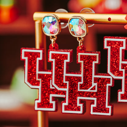 University of Houston red glitter logo dangle acrylic earrings with AB Iridescent Jewel Topper
