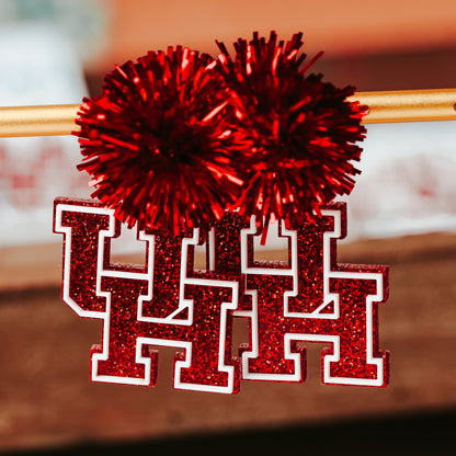University of Houston red glitter logo dangle acrylic earring with red tinsel topper