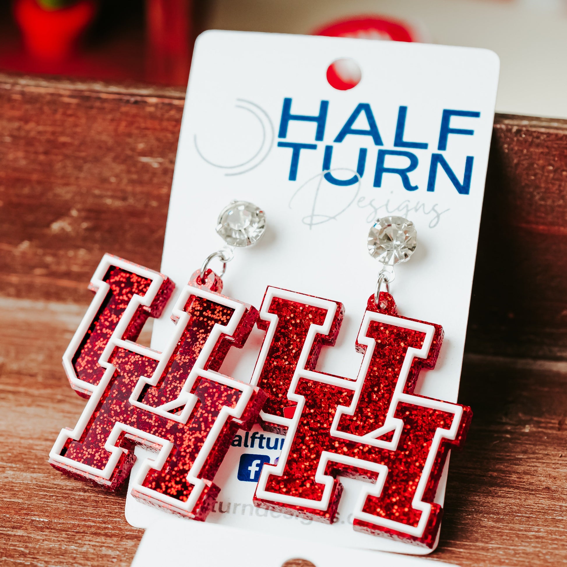University of Houston red glitter logo dangle acrylic earrings with rhinestone earring studs