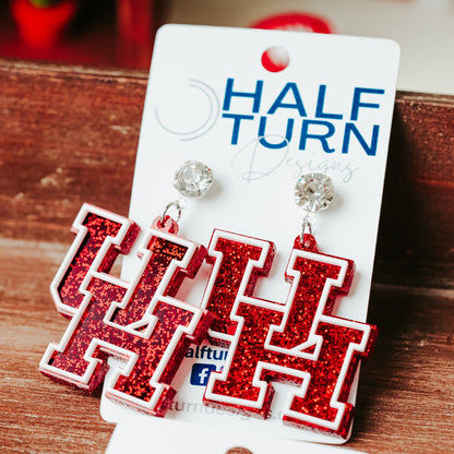 University of Houston red glitter logo dangle acrylic earrings with rhinestone earring studs