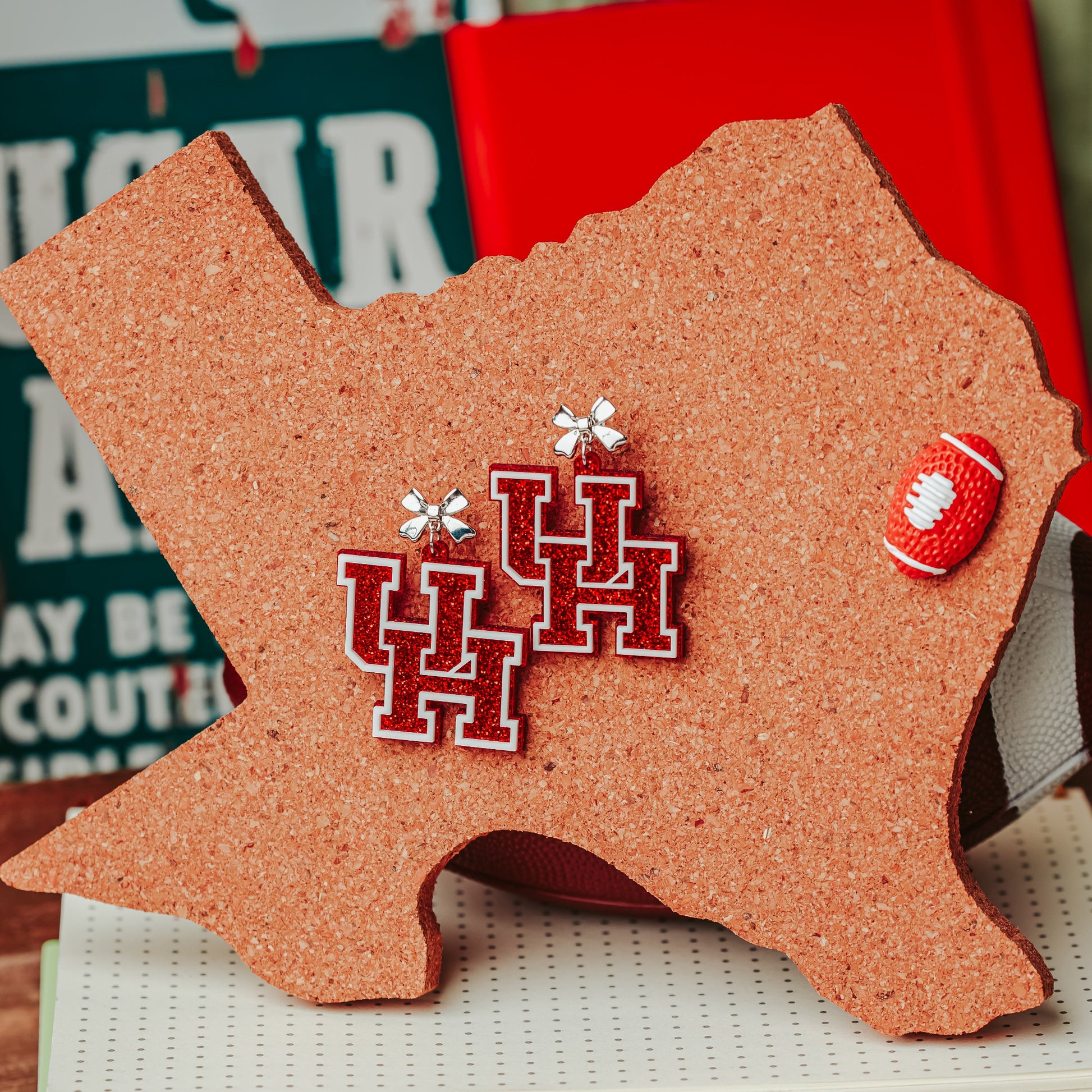University of Houston red glitter logo dangle acrylic earrings with silver bow studs