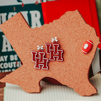 University of Houston red glitter logo dangle acrylic earrings with silver bow studs