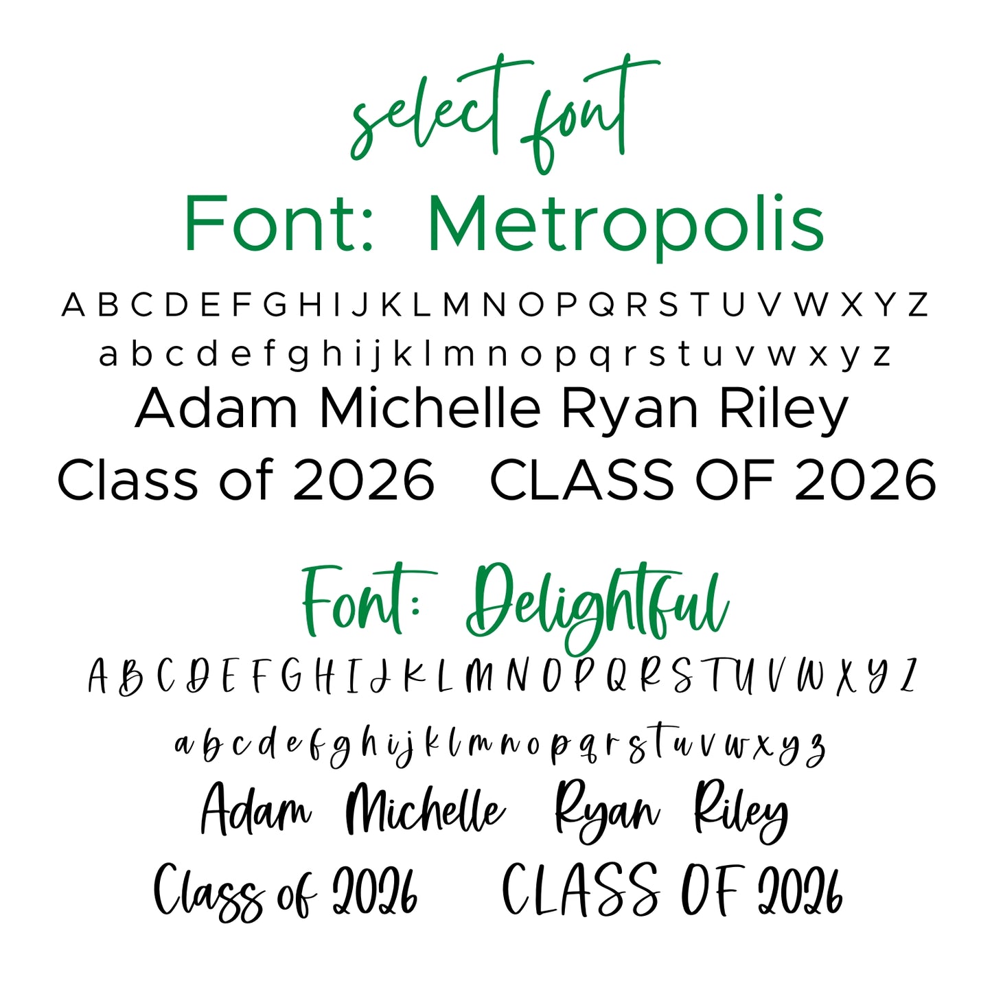 Font options for personalization of University of North Texas ornaments featuring green UNT letters. Officially licensed Mean Green personalized ornament by Half Turn Designs.