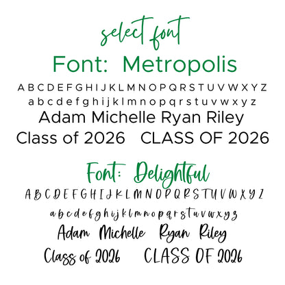 Font options for personalization of University of North Texas ornaments featuring green UNT letters. Officially licensed Mean Green personalized ornament by Half Turn Designs.