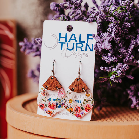 Wildflower acrylic earrings with walnut wood accents on Half Turn Designs earring card
