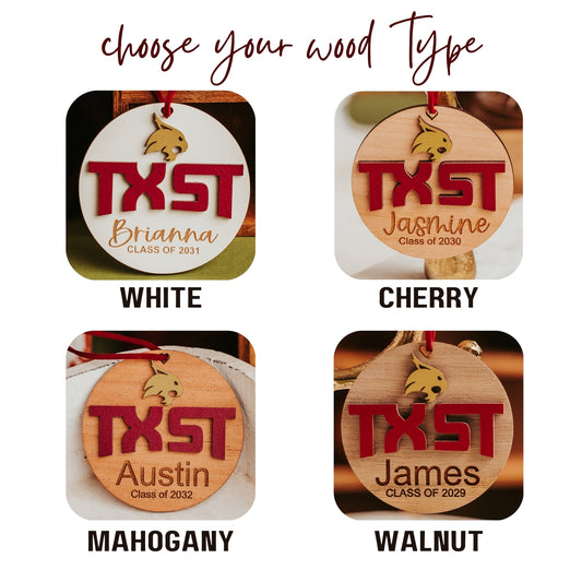 Wood finish options for Texas State University TXST and Bobcat ornaments