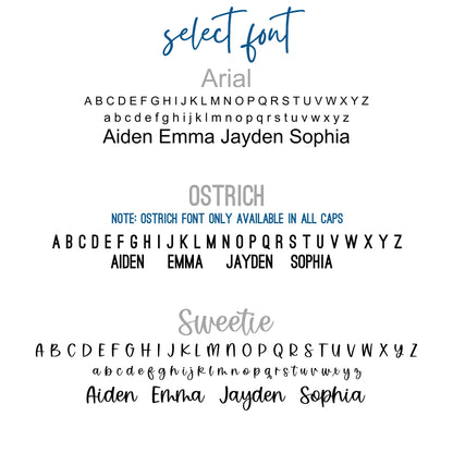 Font options for Personalized Class of 2026 ornament in white wood, engraved with the high school senior graduates name in three of the available styles from Half Turn Designs. 14 high school colors are available to further personalize the ornament with your choice of graduation cap color.