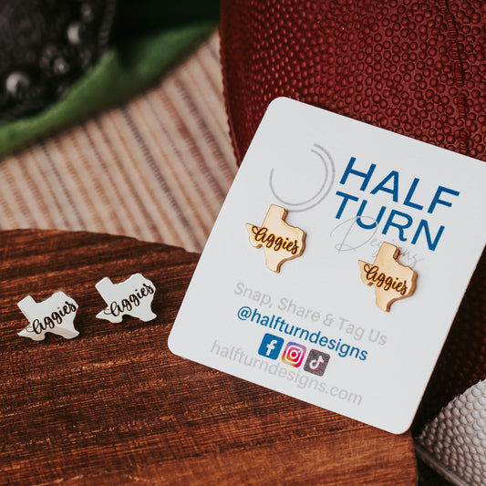 Texas A&M Aggies Stainless Steel Earring Studs in the shape of the state of Texas in gold or silver finish by Half Turn Designs, officially licensed with Texas A&M University.