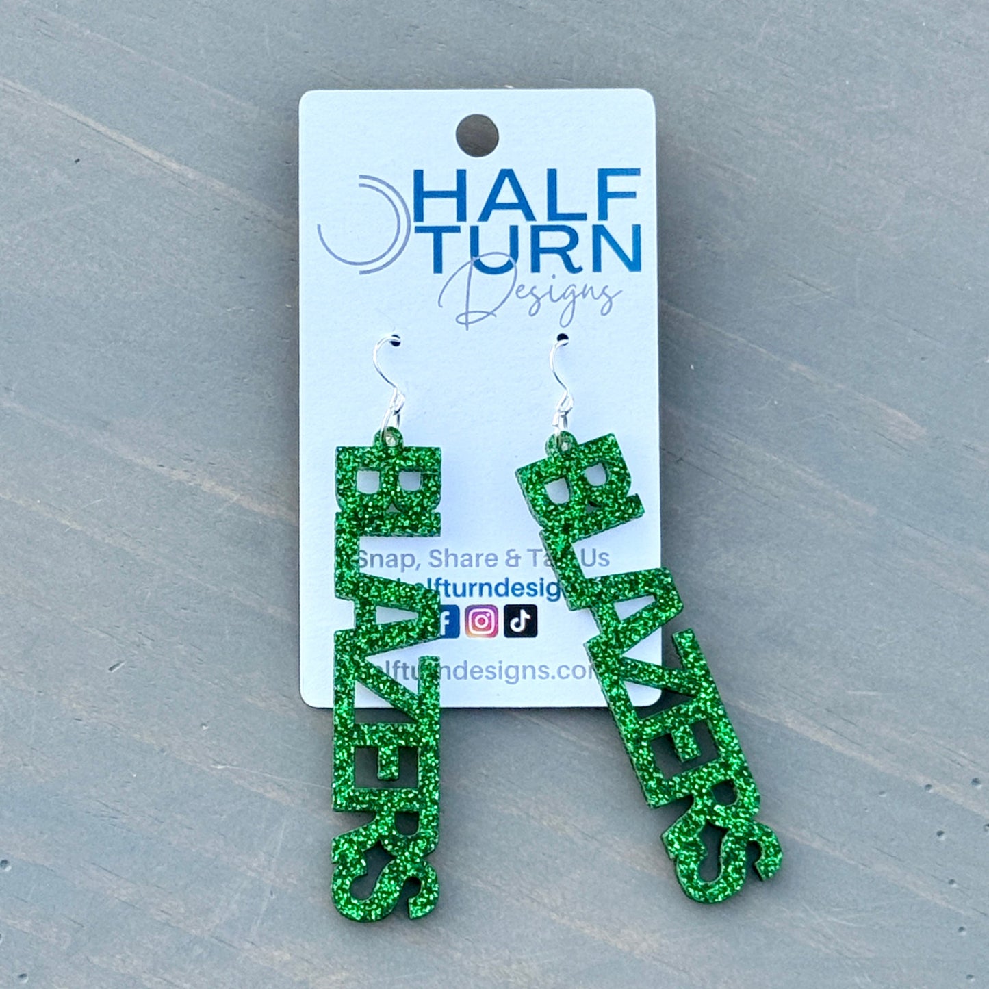 University of Alabama Birmingham UAB Blazers dangle earrings in green glitter acrylic by Half Turn Designs