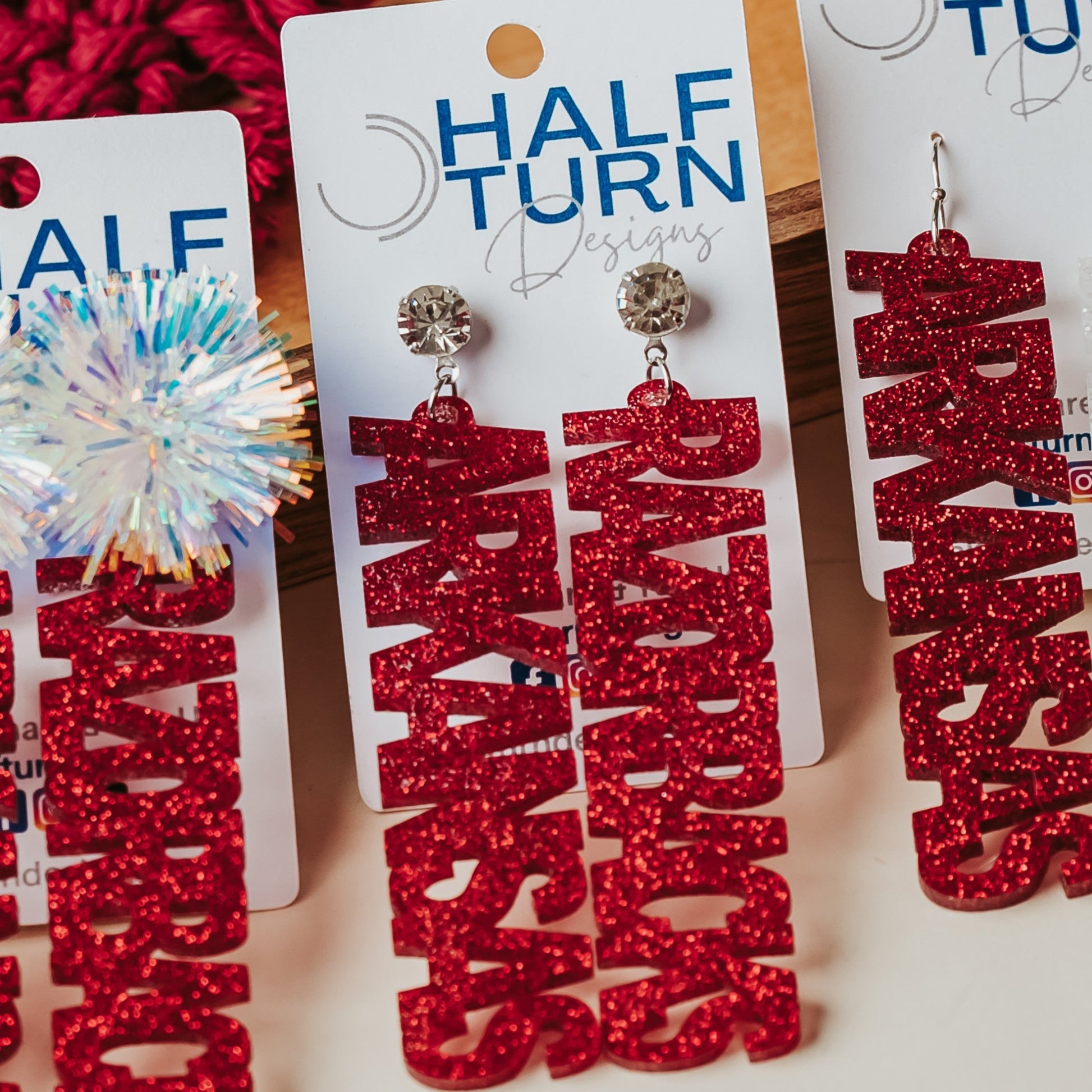 Arkansas game day earrings for women in crimson glitter acrylic with rhinestone stud earrings